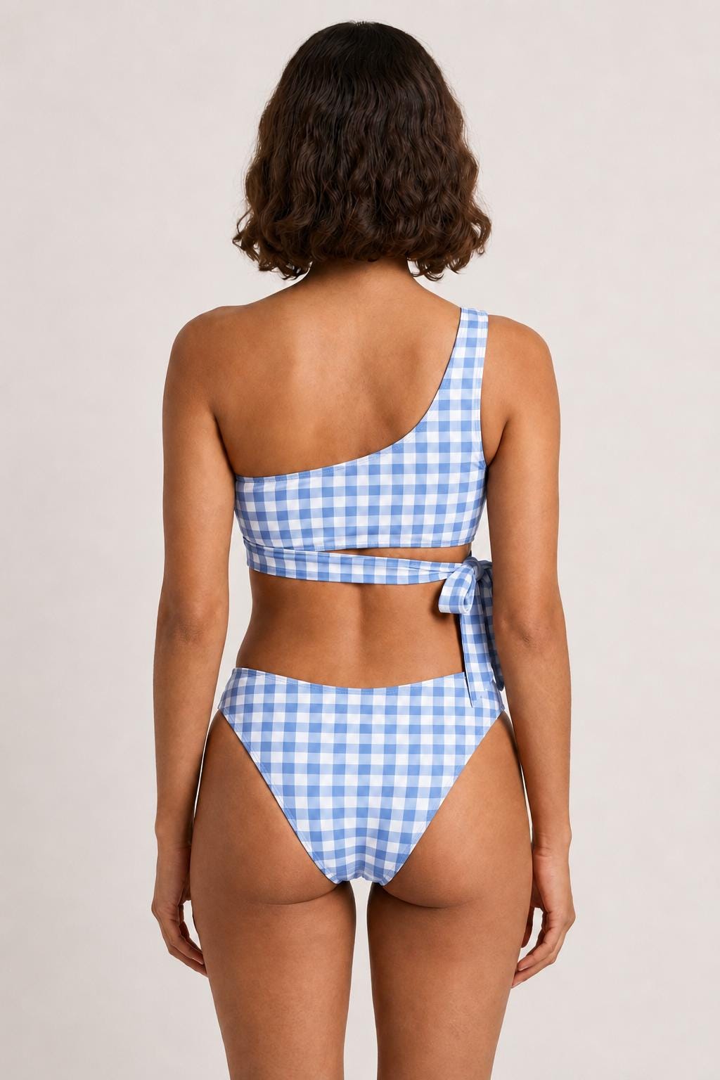 Blue Gingham One-Shoulder Two-Piece Bikini Swimsuit, Fully Lined