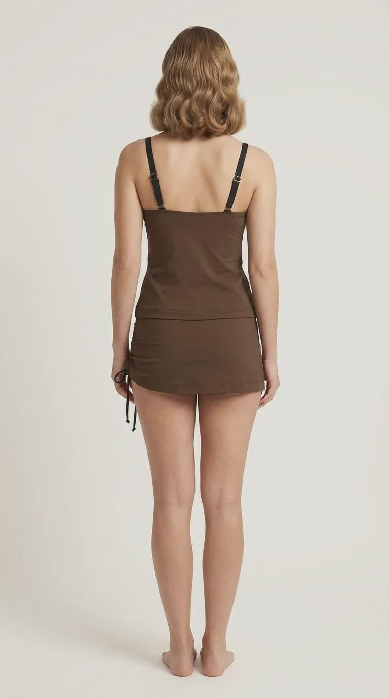 Drawstring Tankini Swimdress Skirted Swimsuit Set, Brown