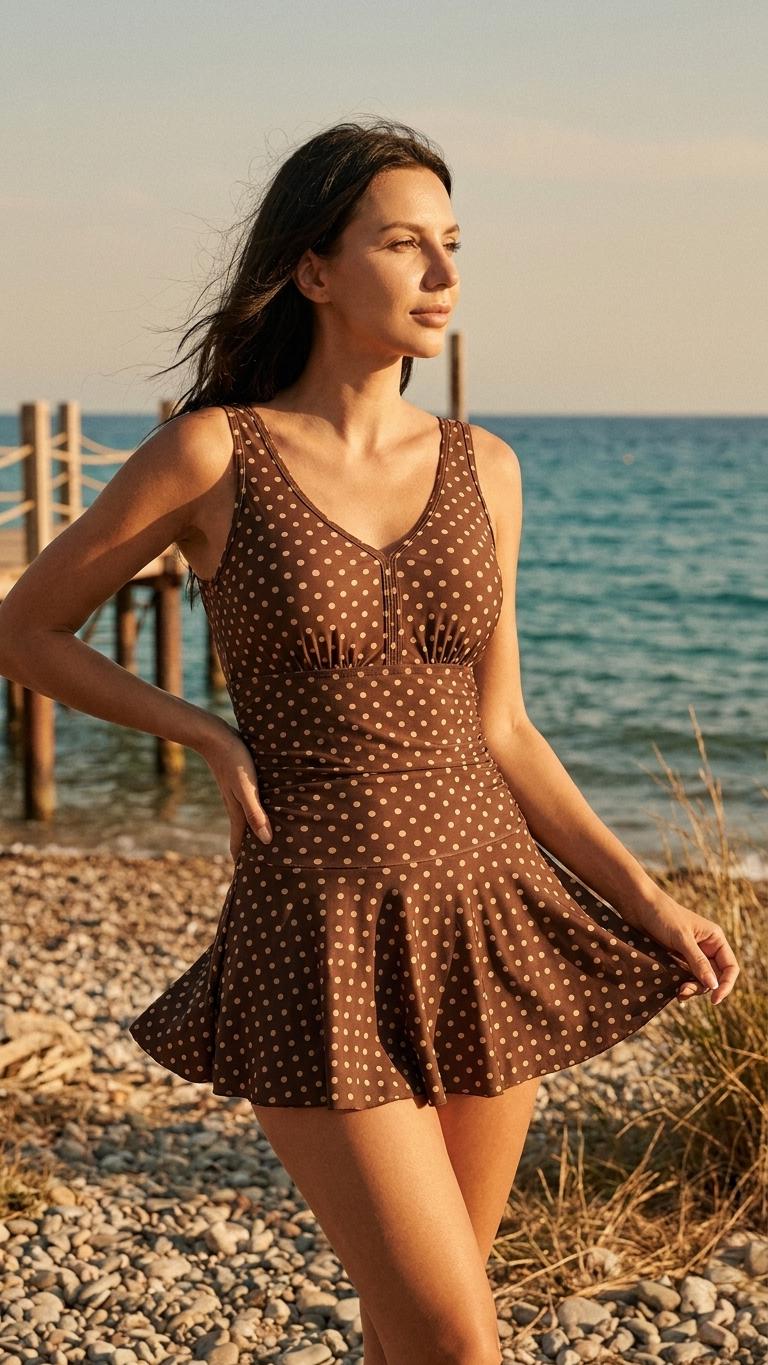 Retro Pleated Swim Dress with Matching Boyshort Bottoms, Vintage-Inspired Modest Tankini, Brown Polka-Dot