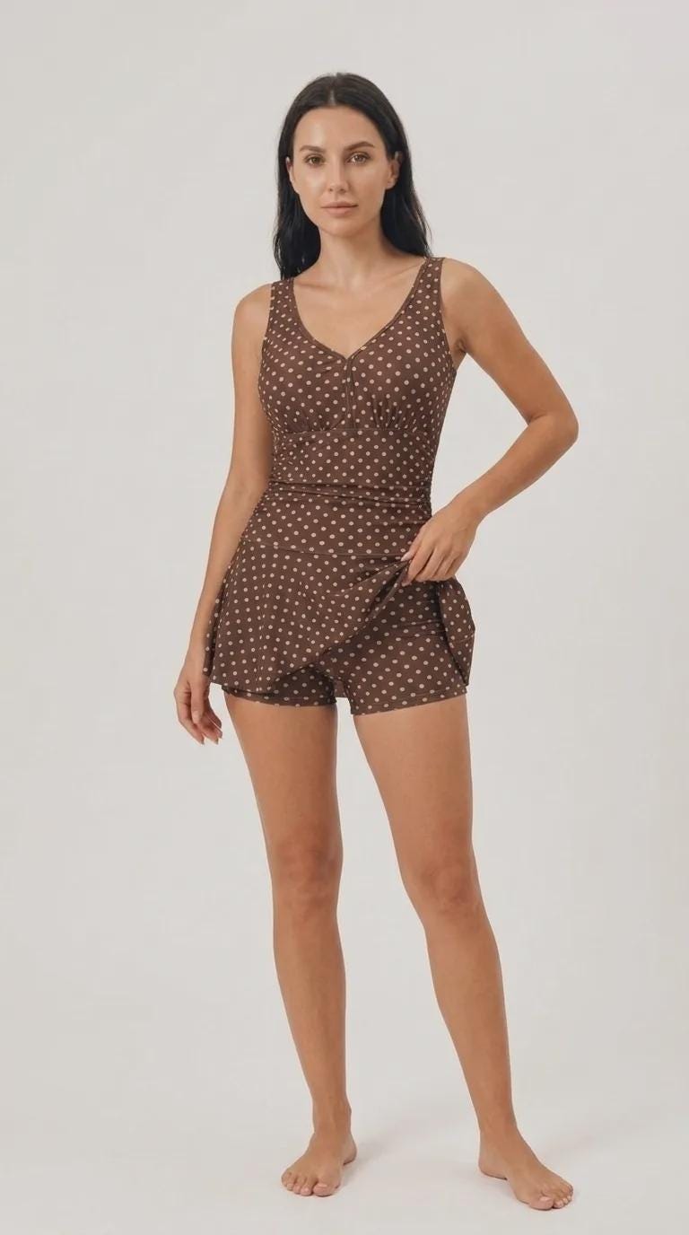 Retro Pleated Swim Dress with Matching Boyshort Bottoms, Vintage-Inspired Modest Tankini, Brown Polka-Dot