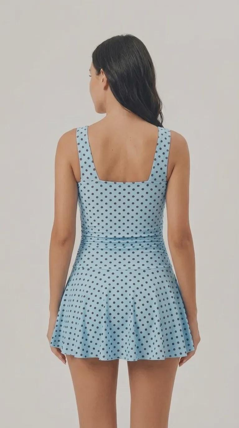 Retro Pleated Swim Dress with Matching Bottoms, Vintage-Inspired Modest Tankini, Blue Polka-Dot