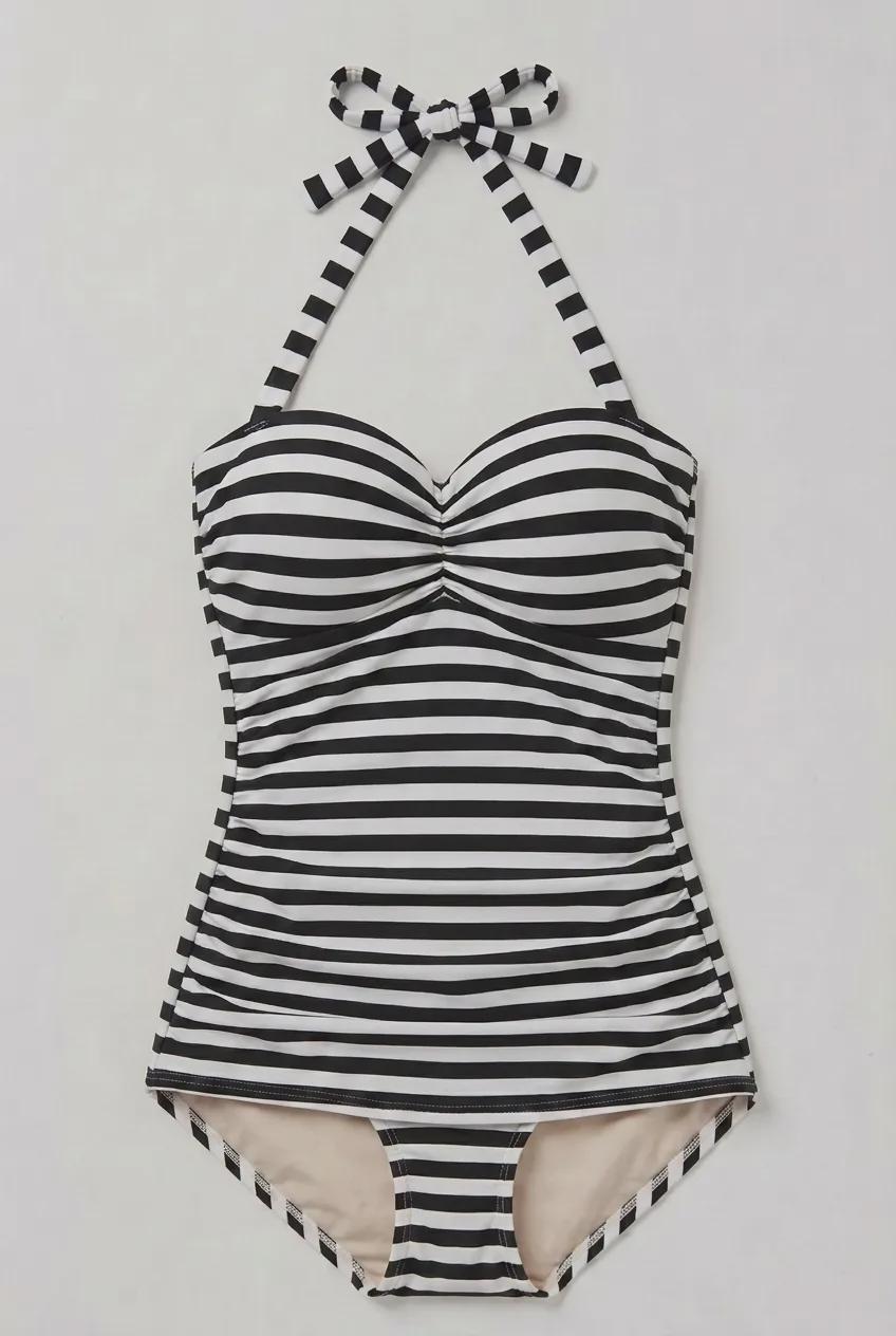 Vintage-Inspired Pin-Up Stripy Black & White Halterneck One-Piece Swimsuit Rockabilly 50s 60s Padding Tummy Control