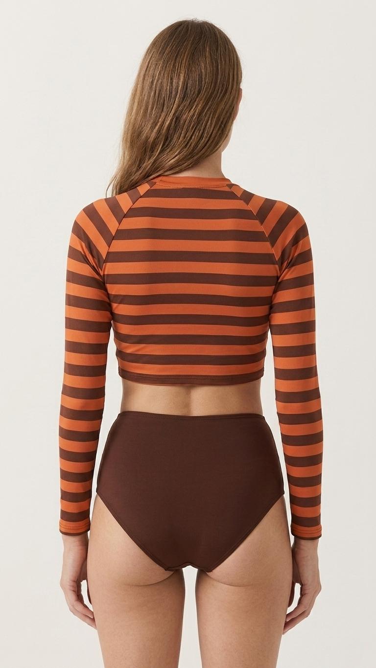 70s Retro Surf Sporty Long-Sleeve Rash-Guard Bikini | High-Waist Two-Piece Swimsuit | Brown Stripy