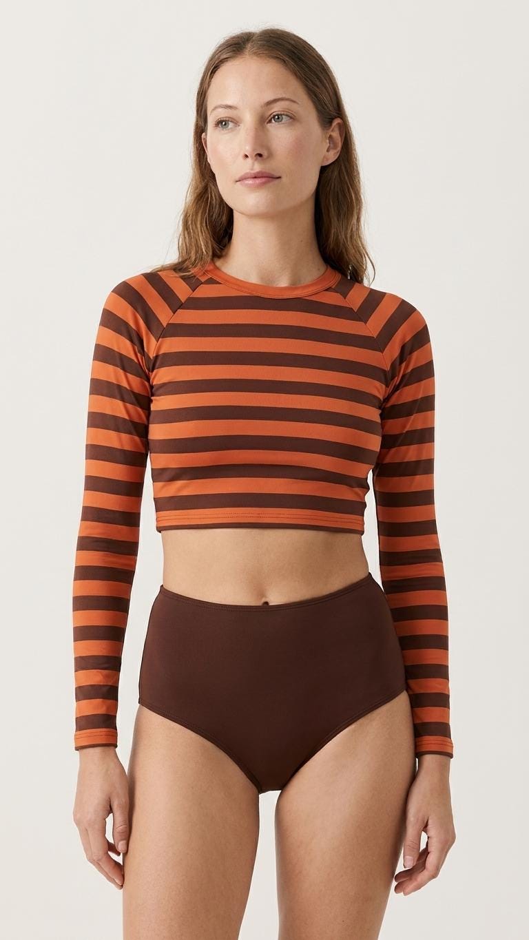 70s Retro Surf Sporty Long-Sleeve Rash-Guard Bikini | High-Waist Two-Piece Swimsuit | Brown Stripy