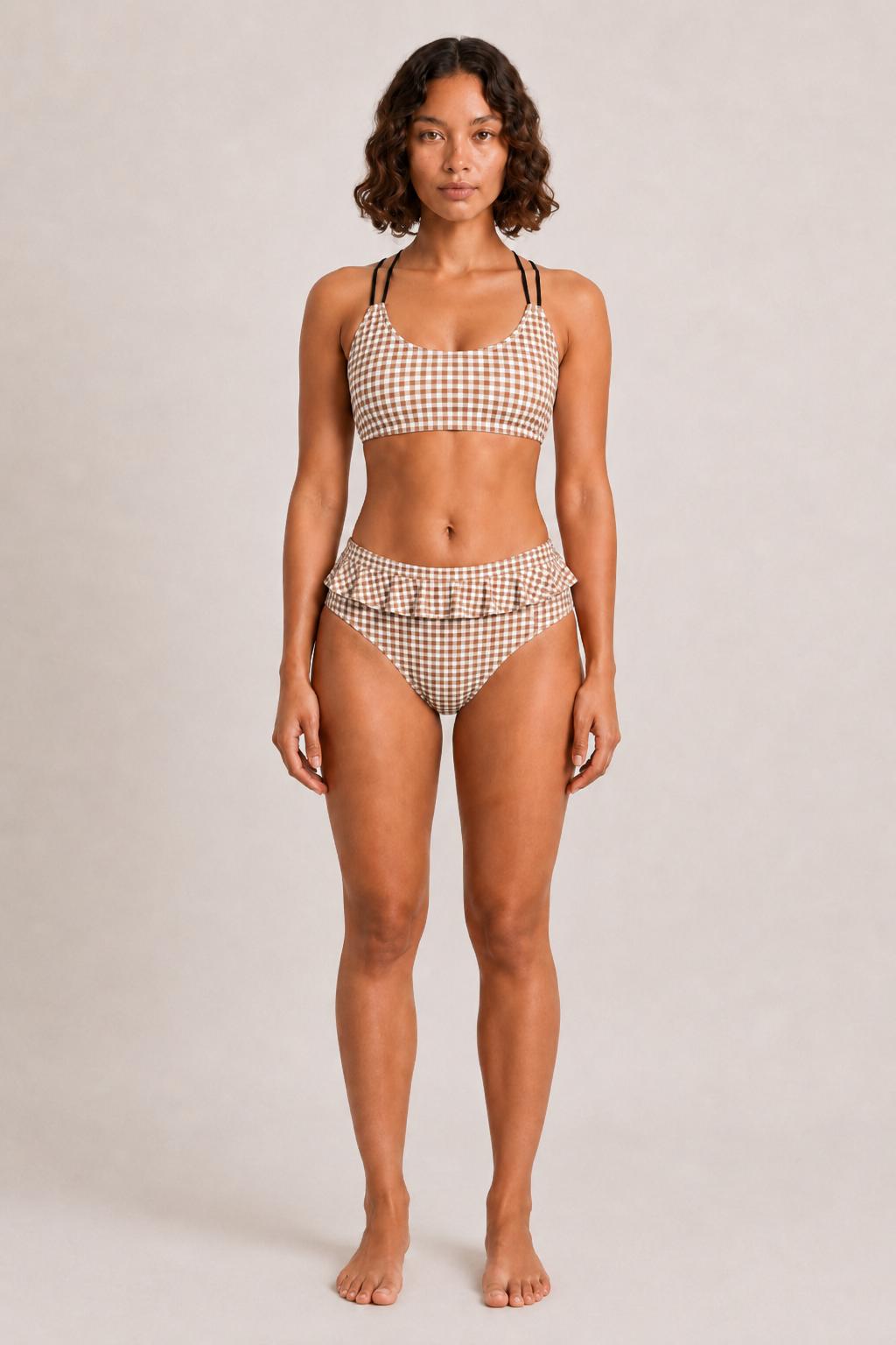 Retro Brown Gingham Ruffle Bikini with Black Lace-Up Straps