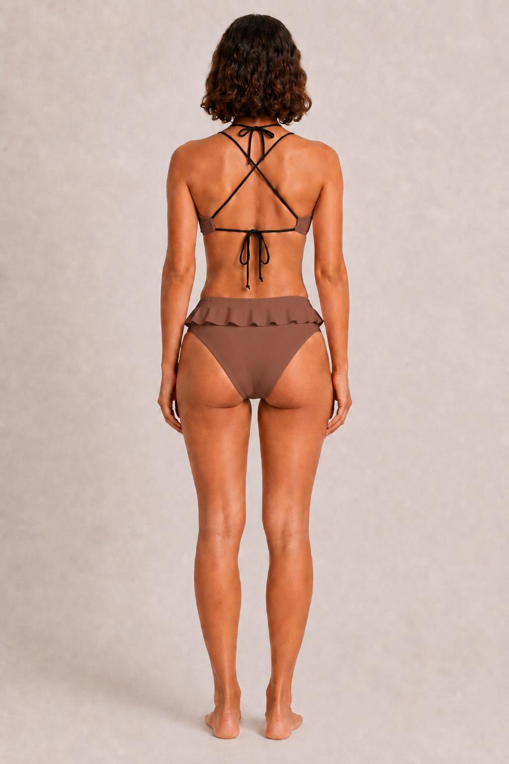 Retro Brown Ruffle Bikini with Black Lace-Up Straps