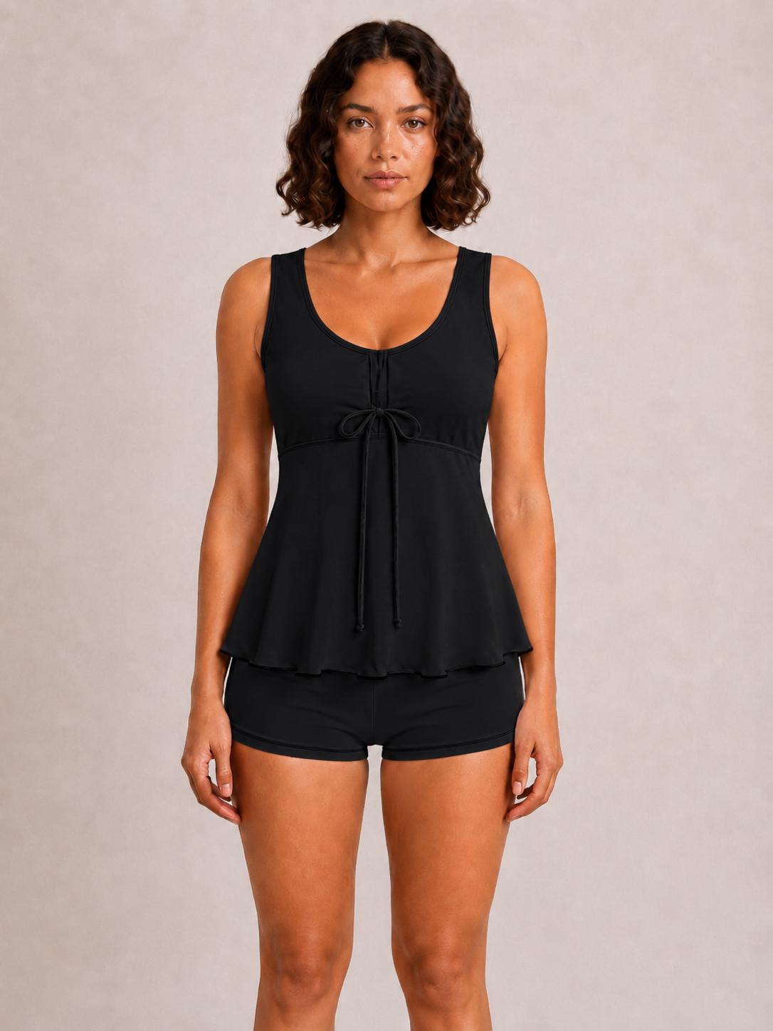 Drawstring Tankini Two-Piece Swimsuit with Boyshort Bottoms, Black