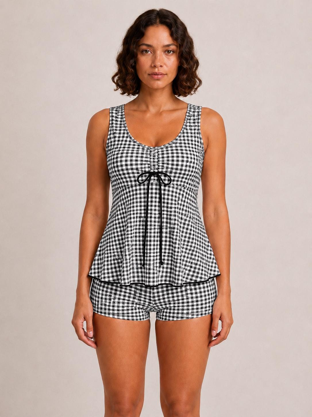 Drawstring Tankini Two-Piece Swimsuit with Boyshort Bottoms, Black Gingham