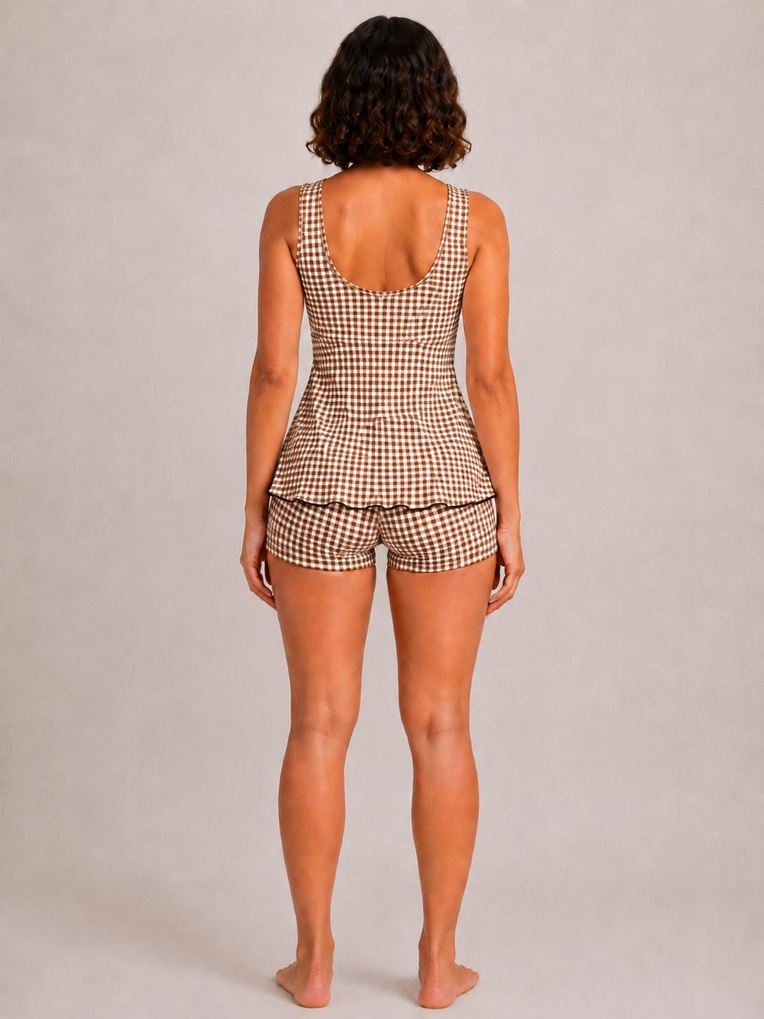 Drawstring Tankini Two-Piece Swimsuit with Boyshort Bottoms, Brown Gingham