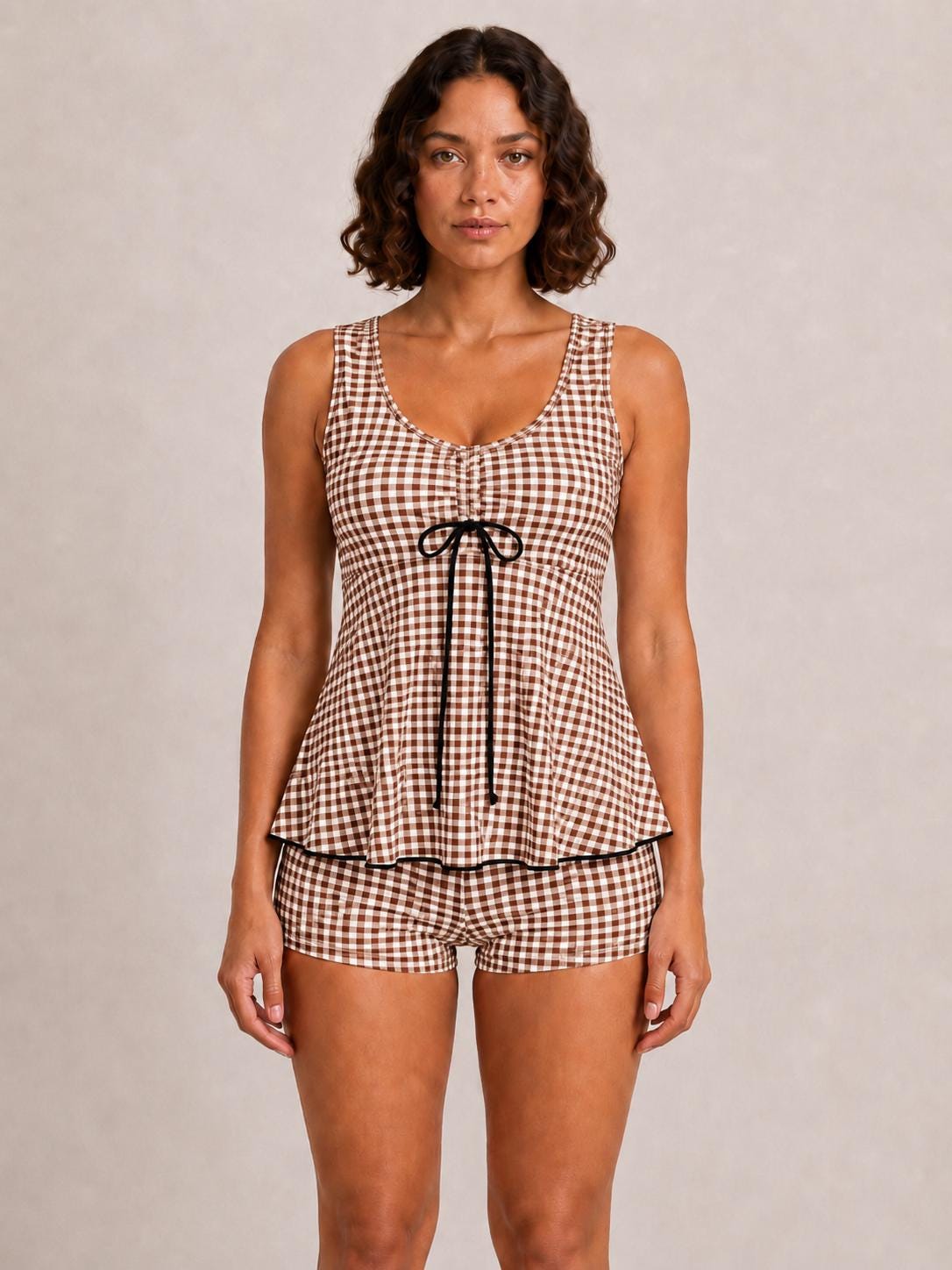 Drawstring Tankini Two-Piece Swimsuit with Boyshort Bottoms, Brown Gingham