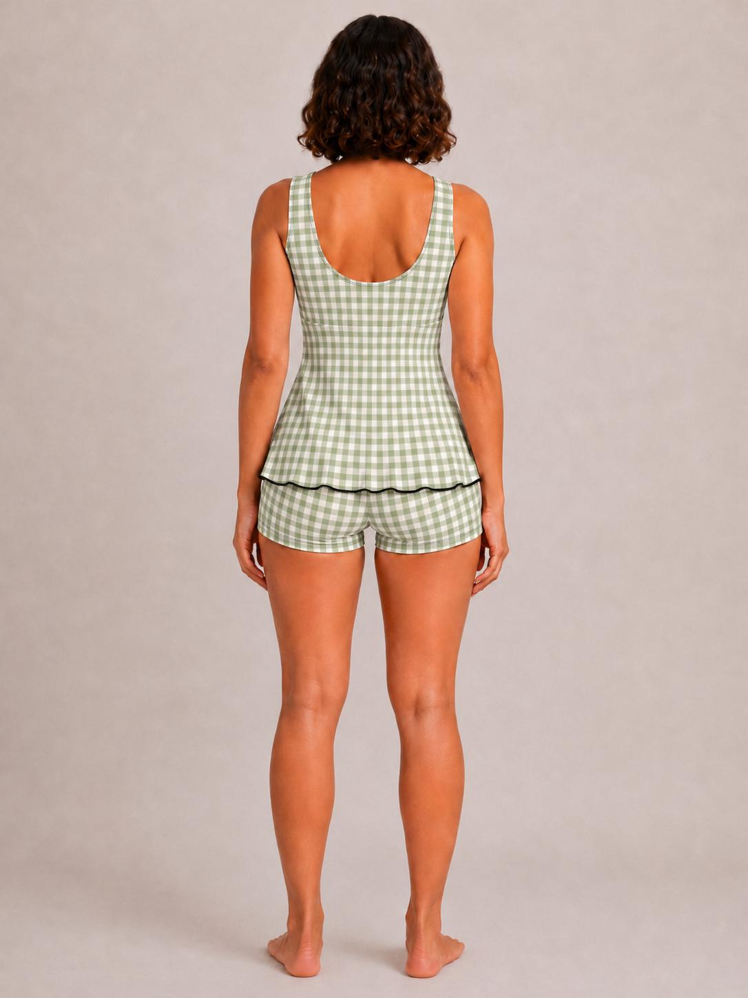 Drawstring Tankini Two-Piece Swimsuit with Boyshort Bottoms, Sage Green Gingham