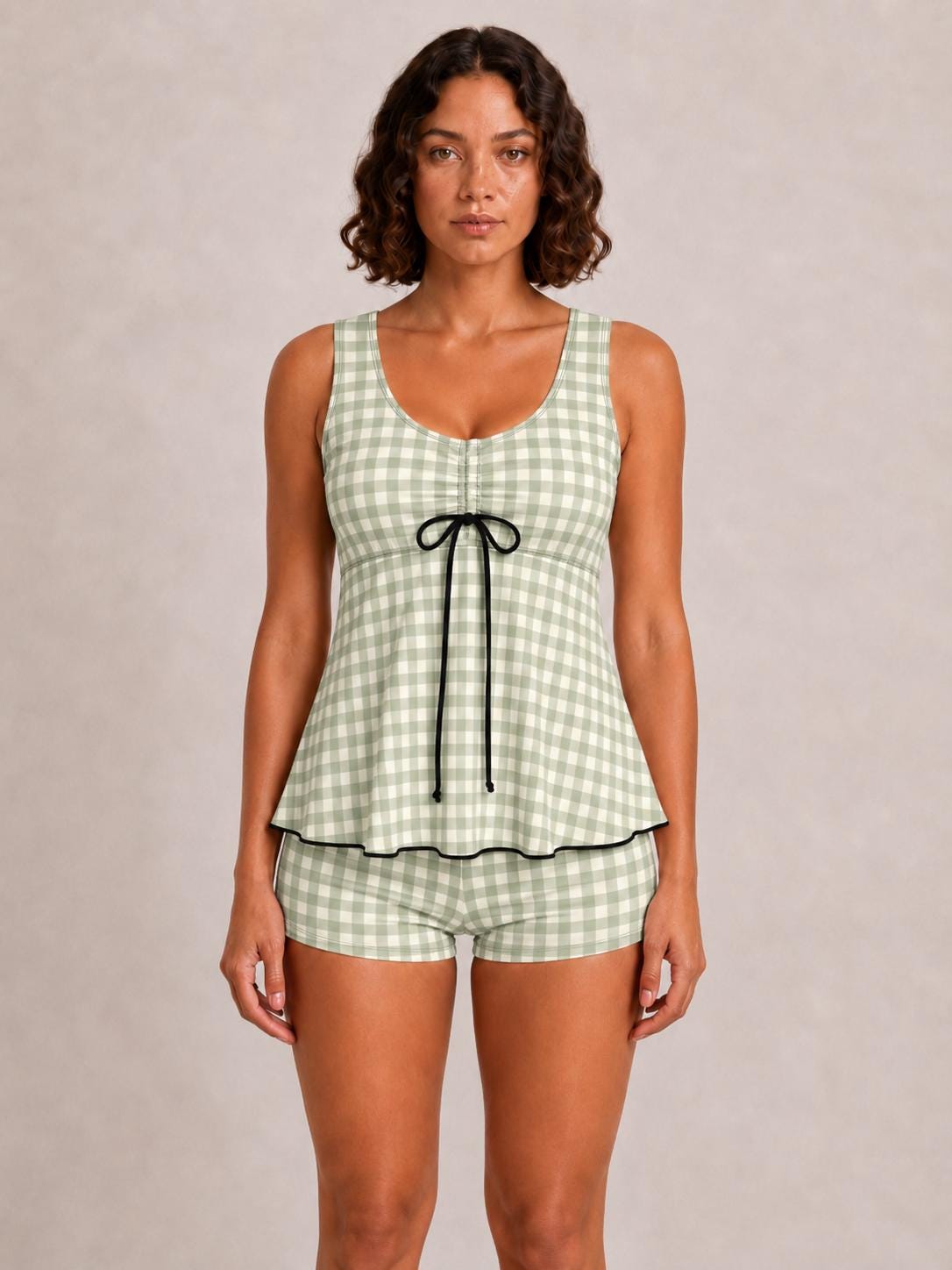 Drawstring Tankini Two-Piece Swimsuit with Boyshort Bottoms, Sage Green Gingham