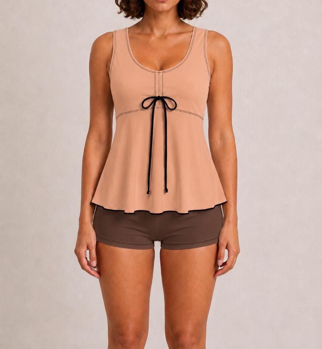 Drawstring Tankini Two-Piece Swimsuit with Boyshort Bottoms, Rose Brown