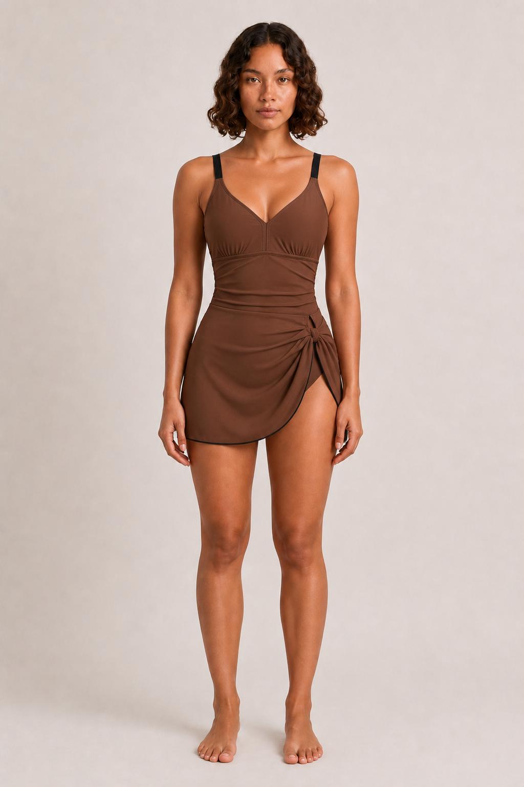 Retro Swim Dress, Integrated Bottoms & Adjustable Straps, Vintage-Inspired Modest One-Piece Romper, Brown