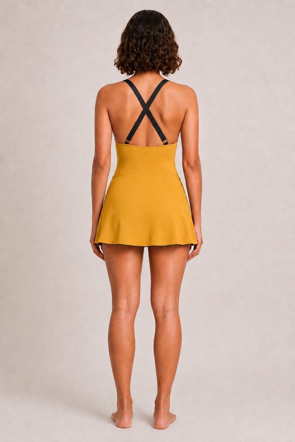 Retro Swim Dress, Integrated Bottoms & Adjustable Straps, Vintage-Inspired Modest One-Piece Romper, Mustard Yellow