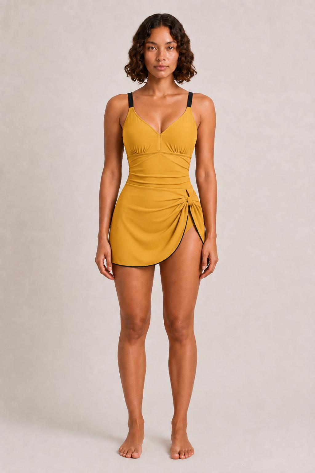 Retro Swim Dress, Integrated Bottoms & Adjustable Straps, Vintage-Inspired Modest One-Piece Romper, Mustard Yellow