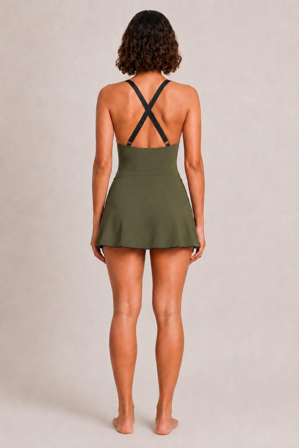 Retro Swim Dress, Integrated Bottoms & Adjustable Straps, Vintage-Inspired Modest One-Piece Romper, Olive Green