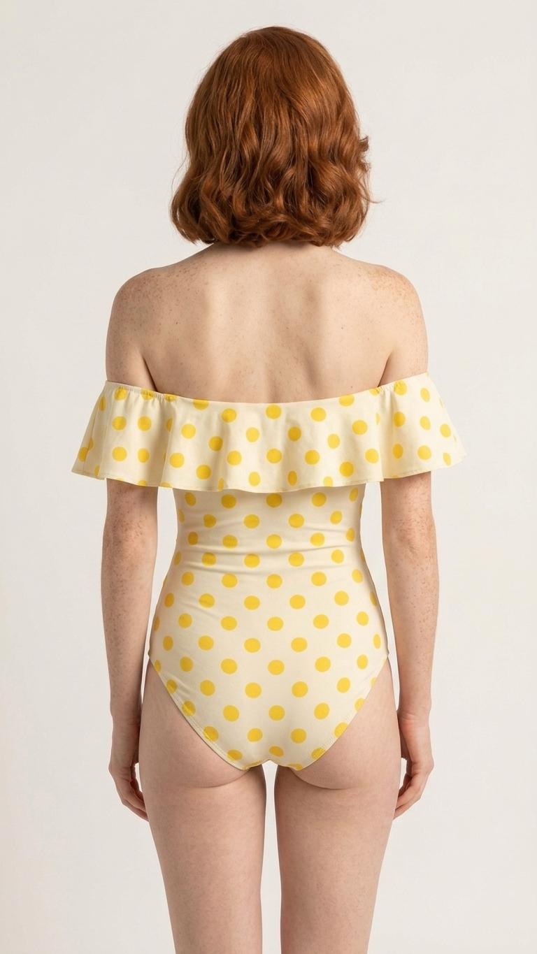 Retro Coquette Yellow Polka-Dot One-Piece Swimsuit – Off Shoulder Pin Up Ruffle Bathing Suit
