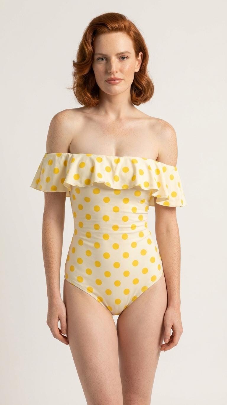 Retro Coquette Yellow Polka-Dot One-Piece Swimsuit – Off Shoulder Pin Up Ruffle Bathing Suit