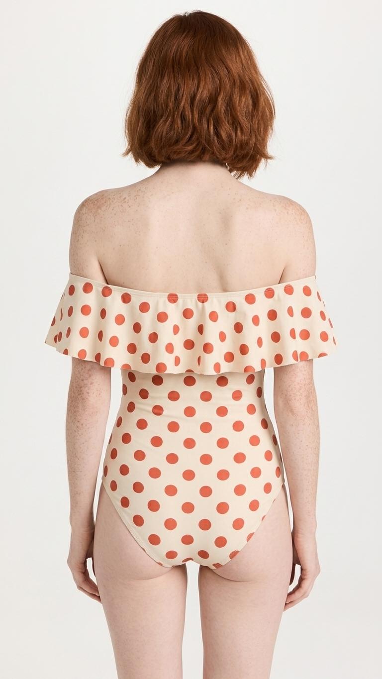 Red Polka Dot Swimsuit – Retro Off Shoulder Ruffle One Piece