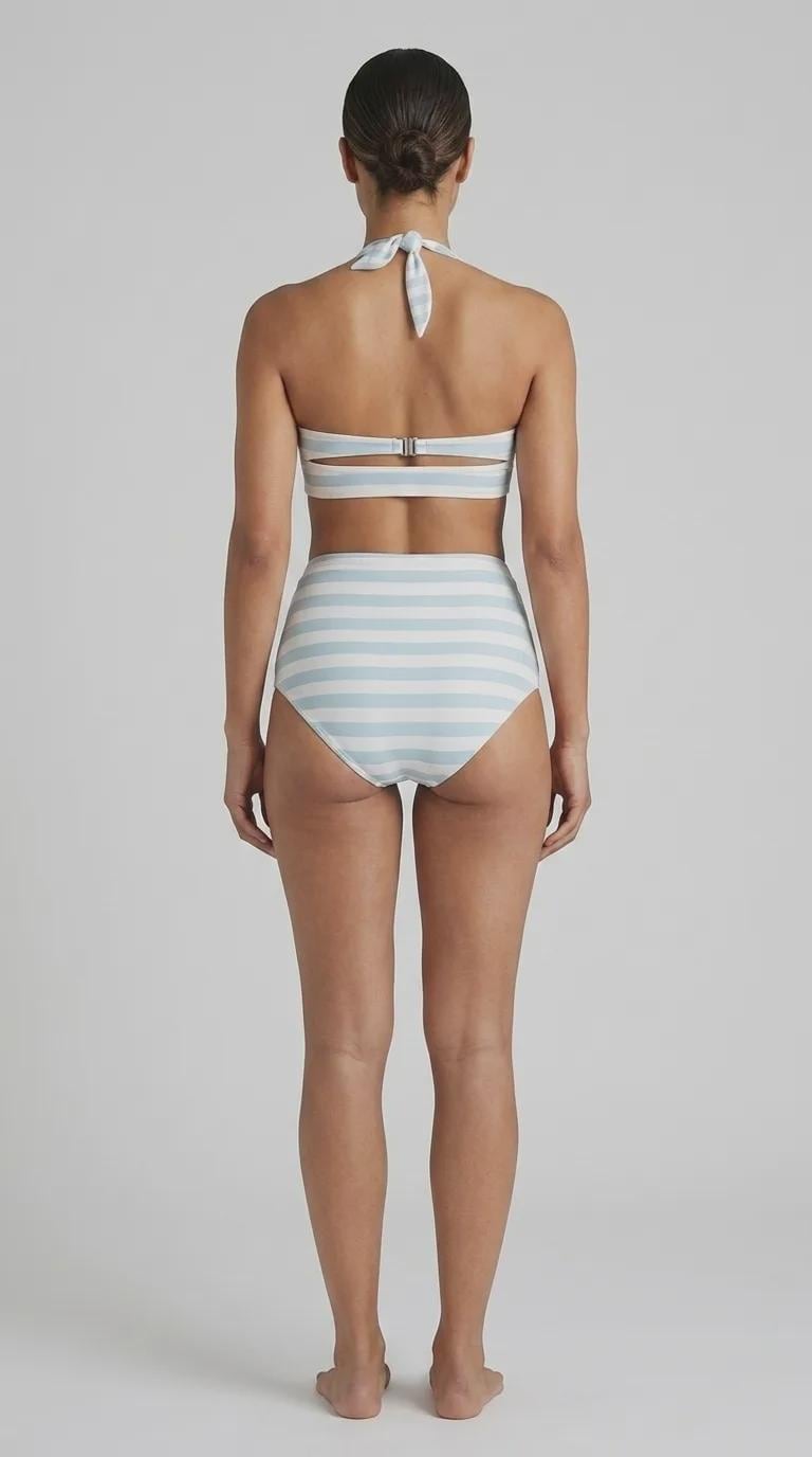 Retro Sweetheart High-Waist Bikini, Coastal Pin Up Halter Swimsuit, Blue Nautical Stripes