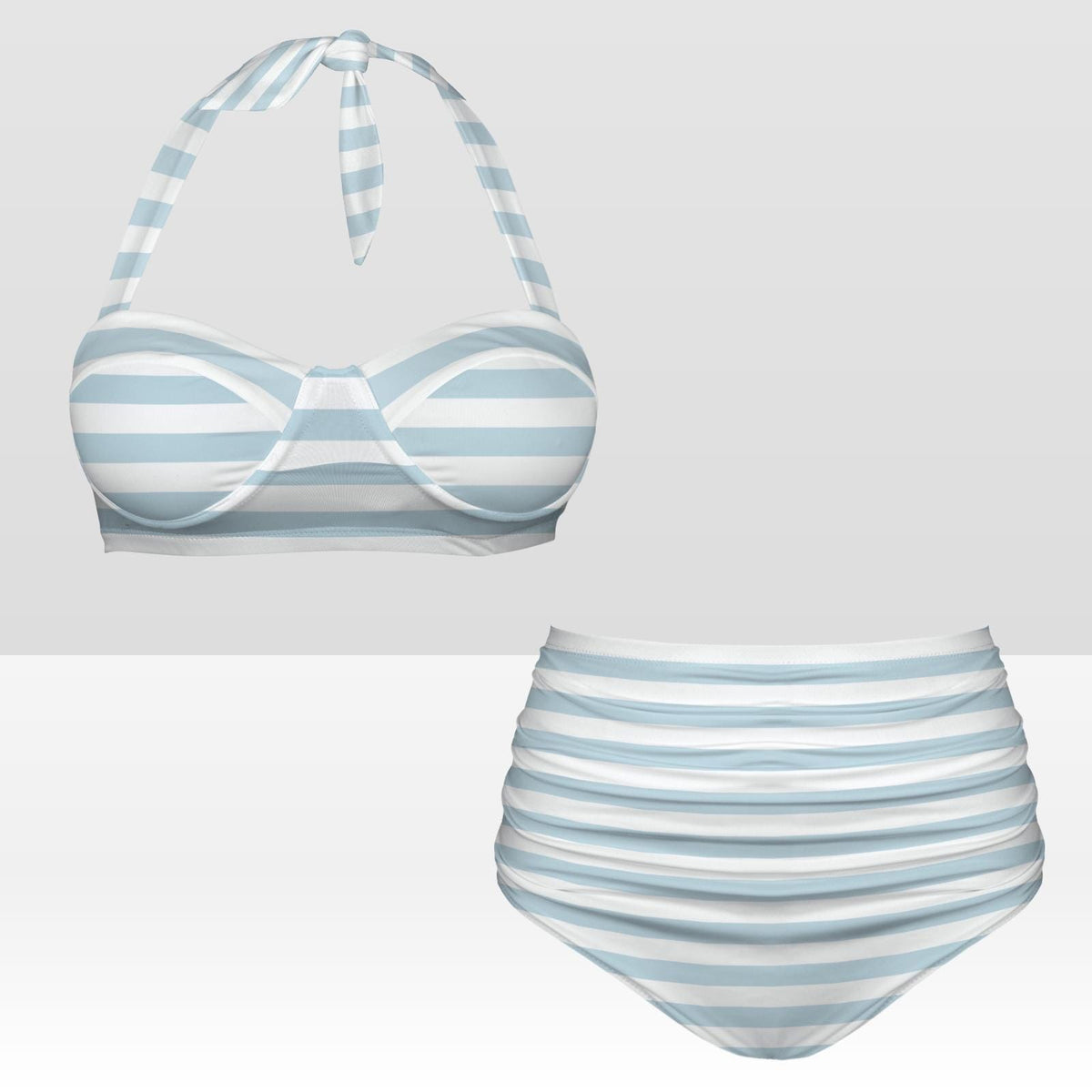 Retro Sweetheart High-Waist Bikini, Coastal Pin Up Halter Swimsuit, Blue Nautical Stripes