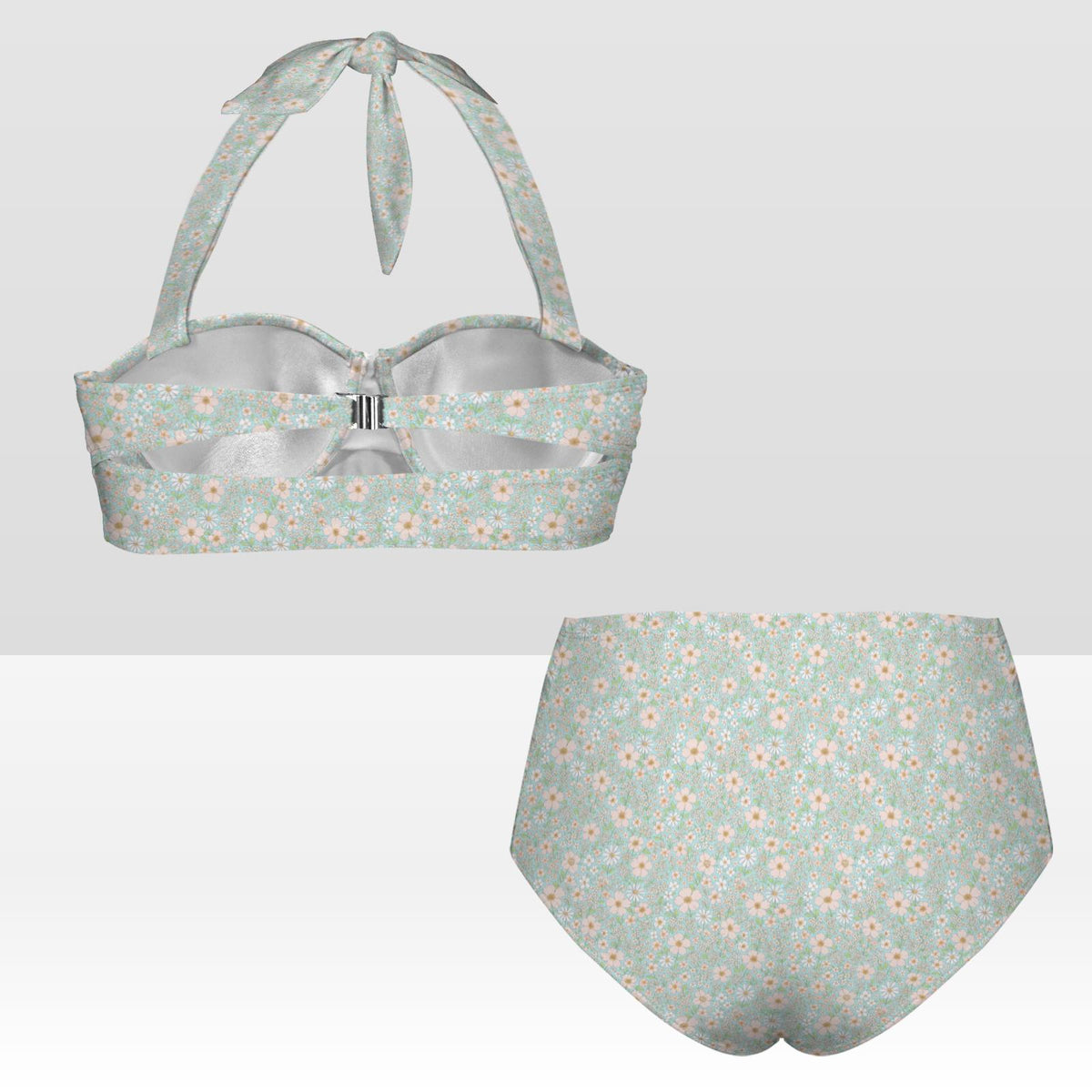 Retro Sweetheart High-Waist Bikini, Floral Pin Up Halter Swimsuit, Small Blue Florals