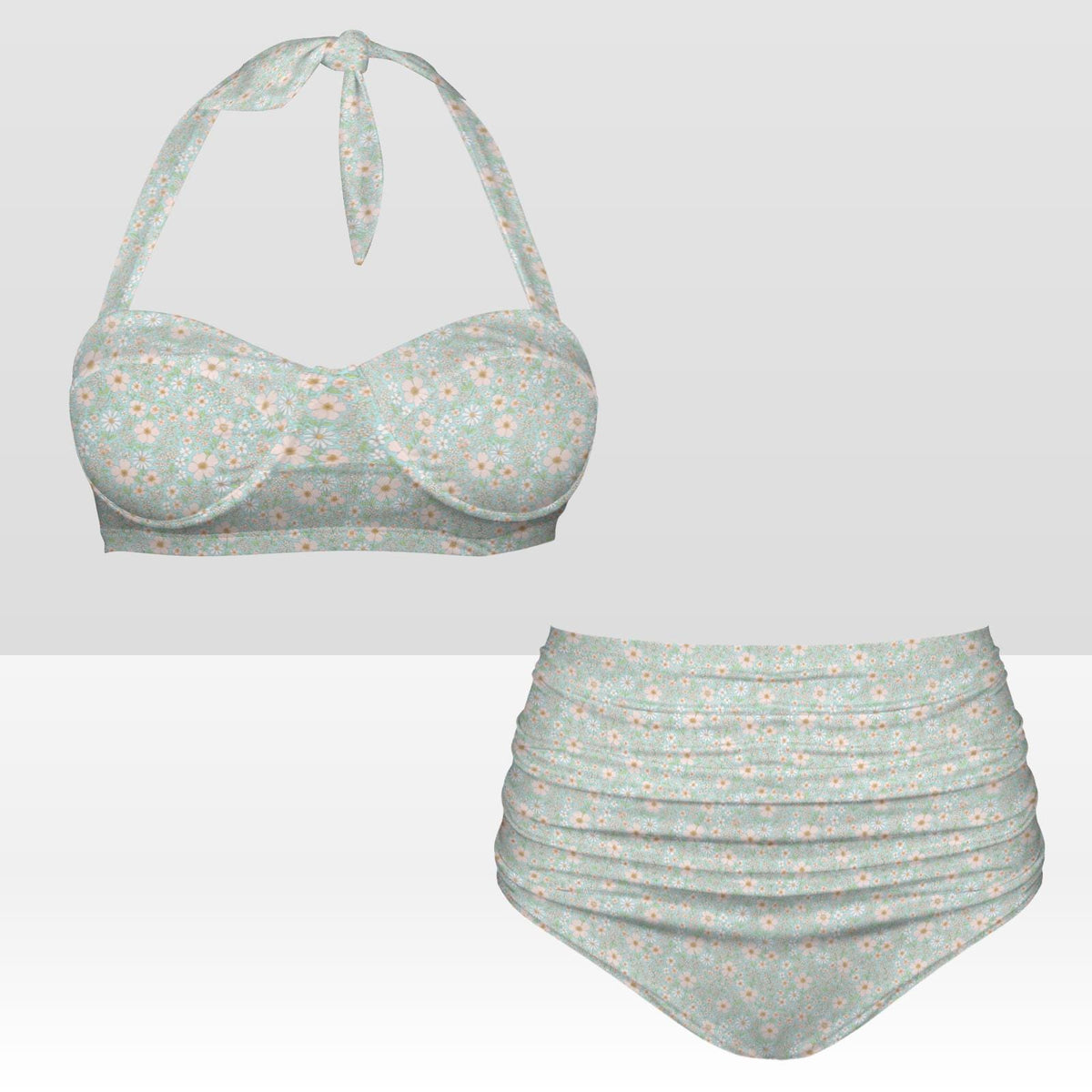 Retro Sweetheart High-Waist Bikini, Floral Pin Up Halter Swimsuit, Small Blue Florals