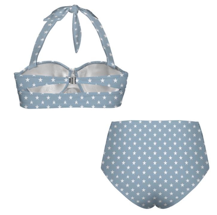 Retro Sweetheart High-Waist Bikini, Pin Up Halter Swimsuit, Blue with Stars