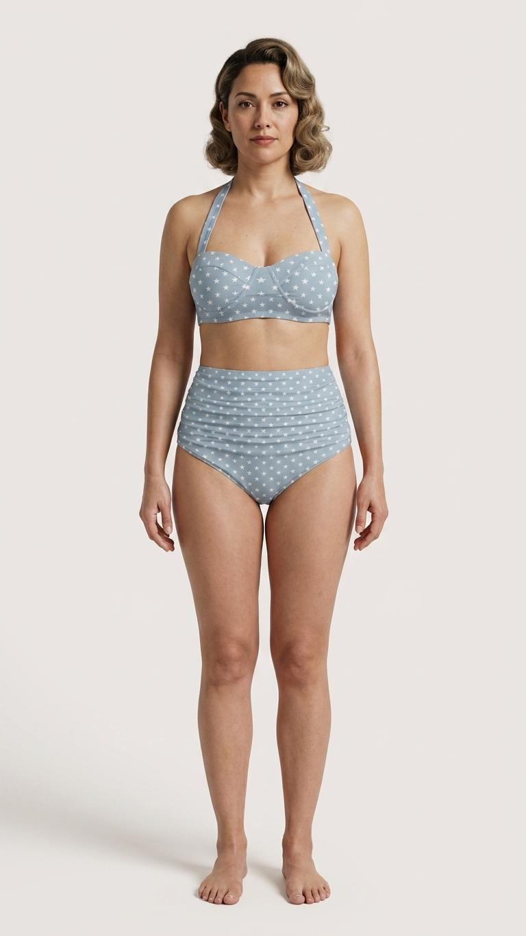 Retro Sweetheart High-Waist Bikini, Pin Up Halter Swimsuit, Blue with Stars