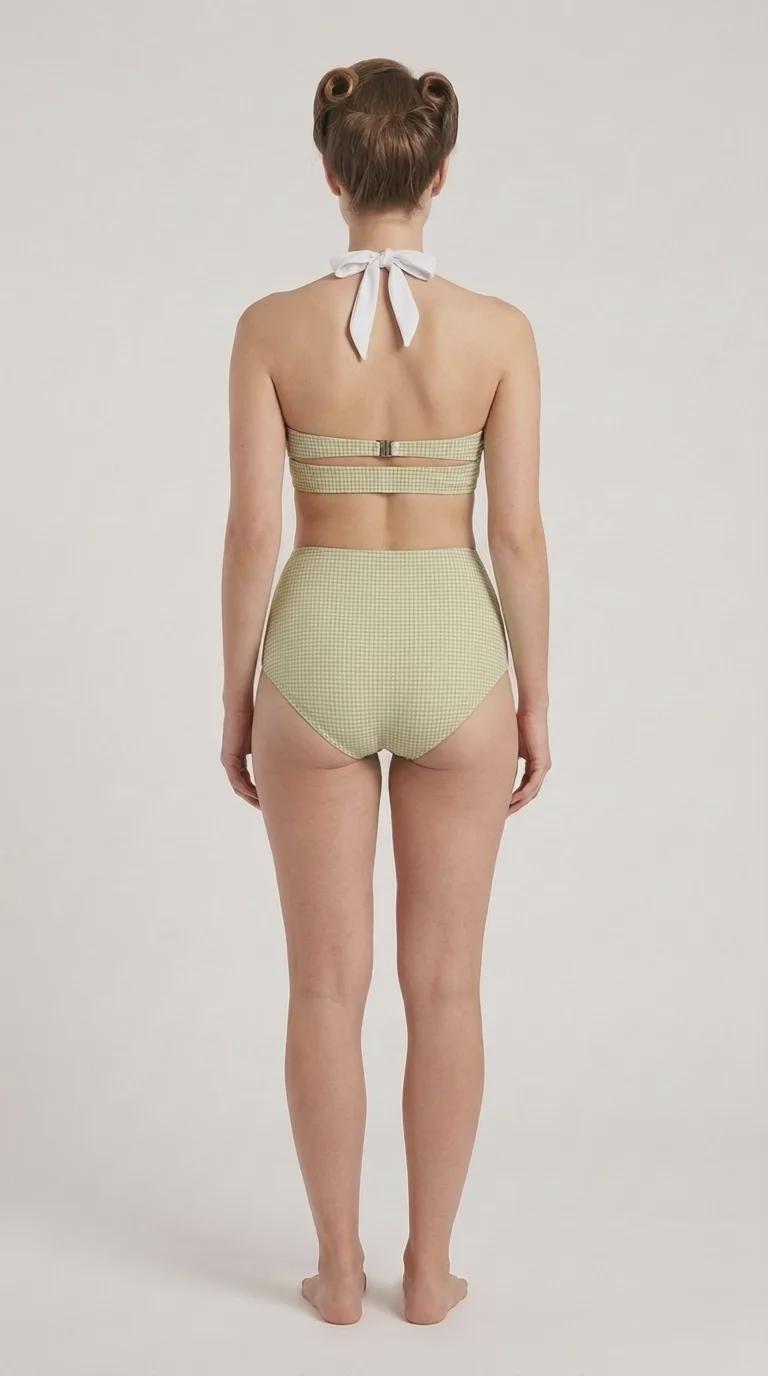 Coquette Vintage-Inspired High-Waist Bikini, Retro Pin Up 50s Green Gingham & White Two-Piece Swimsuit