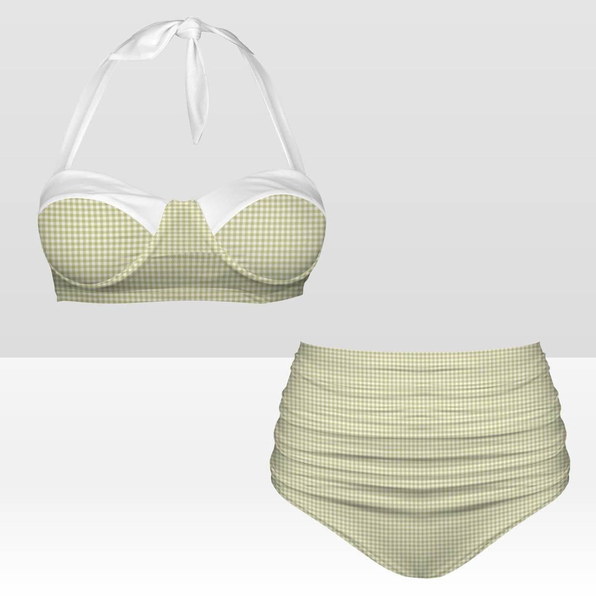 Coquette Vintage-Inspired High-Waist Bikini, Retro Pin Up 50s Green Gingham & White Two-Piece Swimsuit