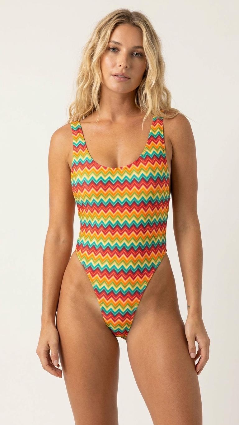 Chevron One-Piece Swimsuit – Cheeky High Leg, Flattering Cut – Multicolour