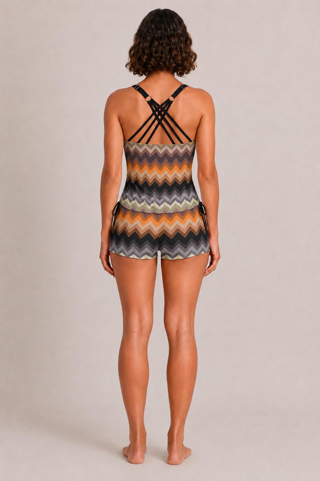 Drawstring Tankini Two-Piece Swimsuit, Boy Short Bottoms, Retro 1970s Chevron with Browns