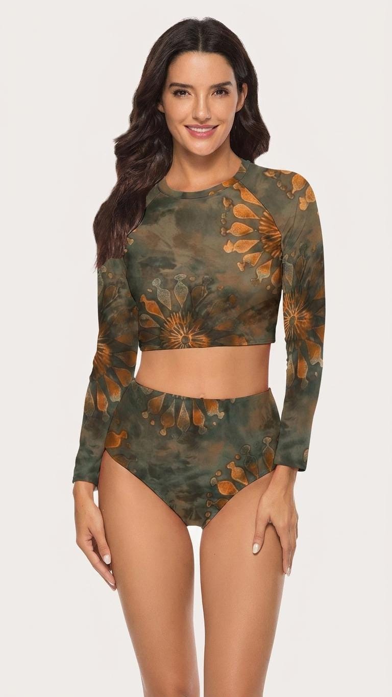 Retro Sporty Long-Sleeve Crop-Top Bikini | High-Waist Two-Piece Swimwear | S-2XL | Boho Tie-Dye Grey Batik Print