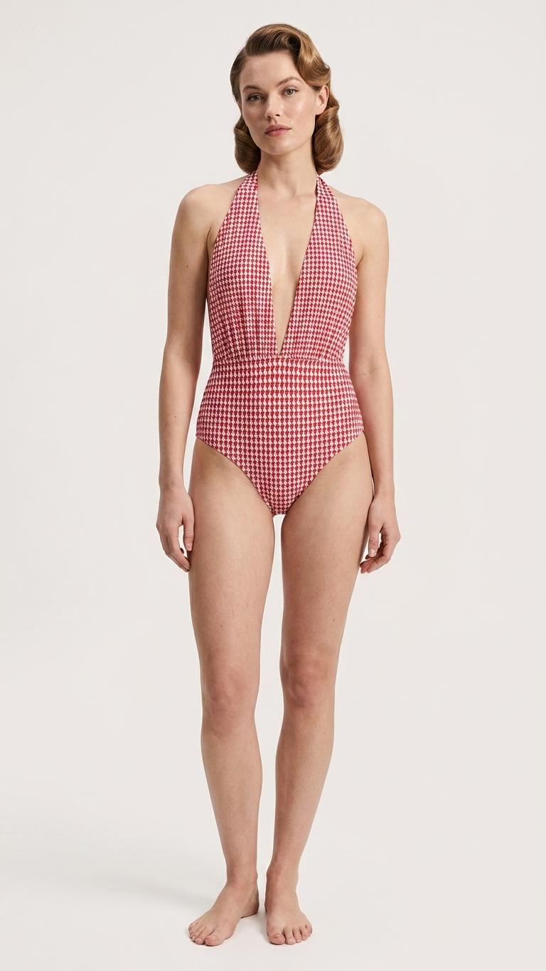Retro Halter One Piece Swimsuit – Vintage-Style, High-Waisted – Red Houndstooth