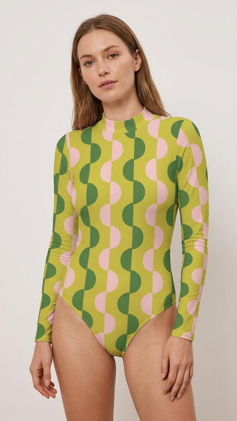 Retro Mod-Stye Long-Sleeve Swimsuit with Open Back - Lined & Padded - Green