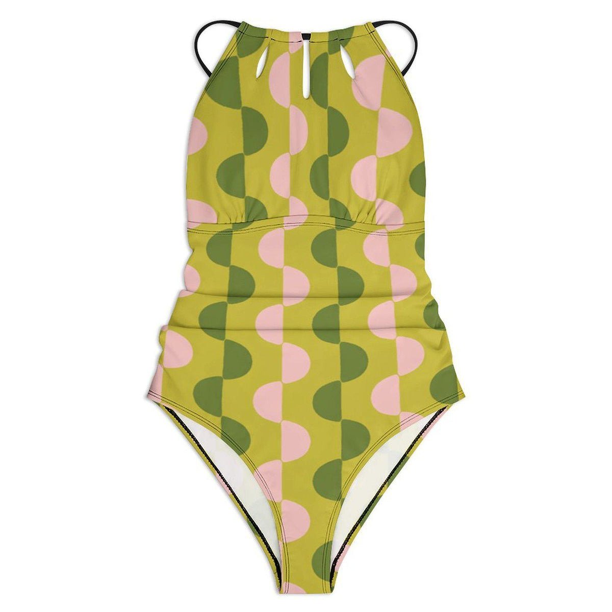 Halter Keyhole Cut-Out One-Piece Swimsuit, Lace-Up Back, Ruching, Mod Green