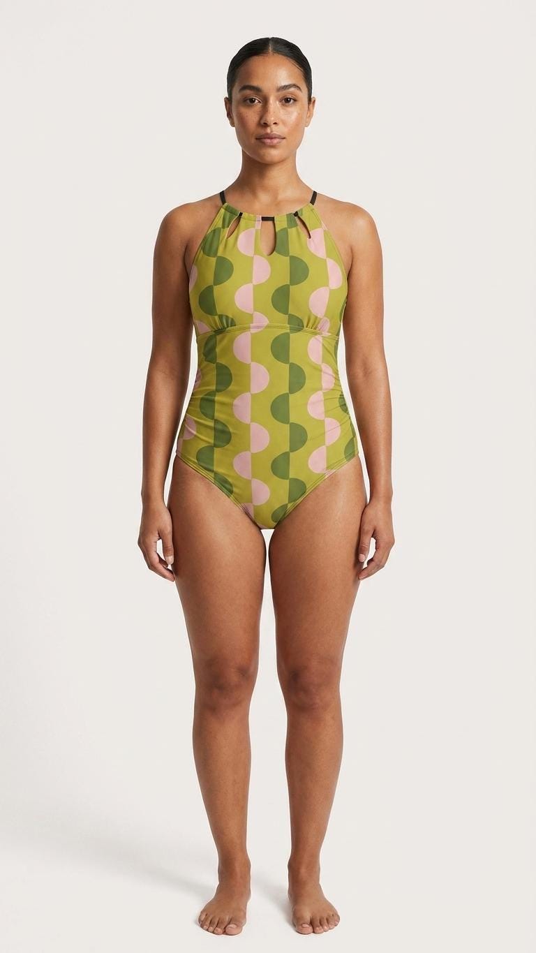 Halter Keyhole Cut-Out One-Piece Swimsuit, Lace-Up Back, Ruching, Mod Green