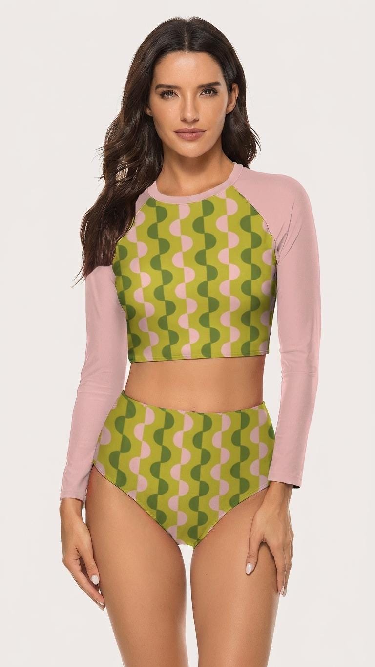 60s Retro Surf Sporty Long-Sleeve Crop-Top Bikini | High-Waist Two-Piece Swimwear | Green & Pink