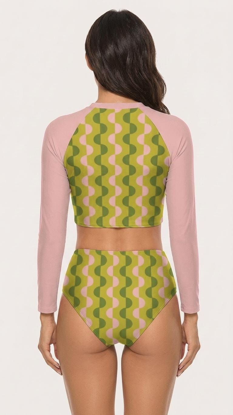60s Retro Surf Sporty Long-Sleeve Crop-Top Bikini | High-Waist Two-Piece Swimwear | Green & Pink