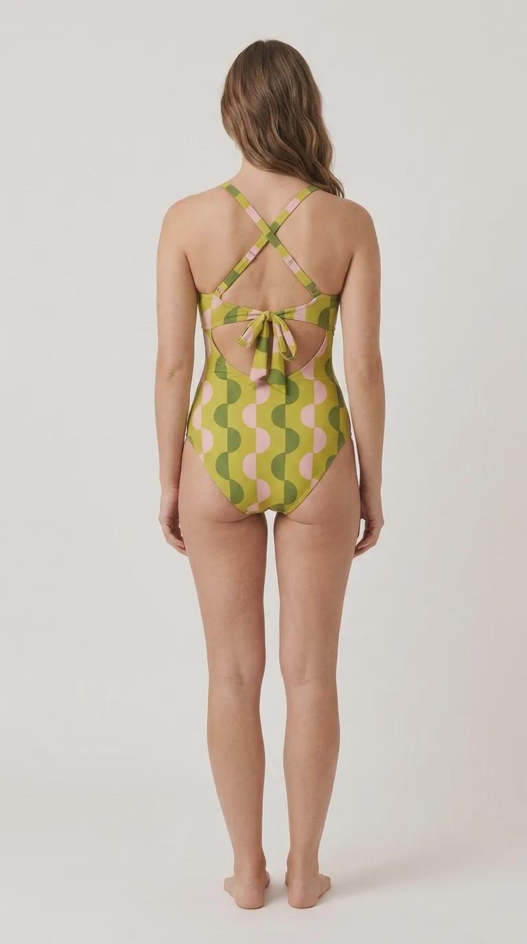 Mod Green Cut-Out One-Piece Swimsuit, Lace-Up Back & Ruching, Pin-Up Vibes
