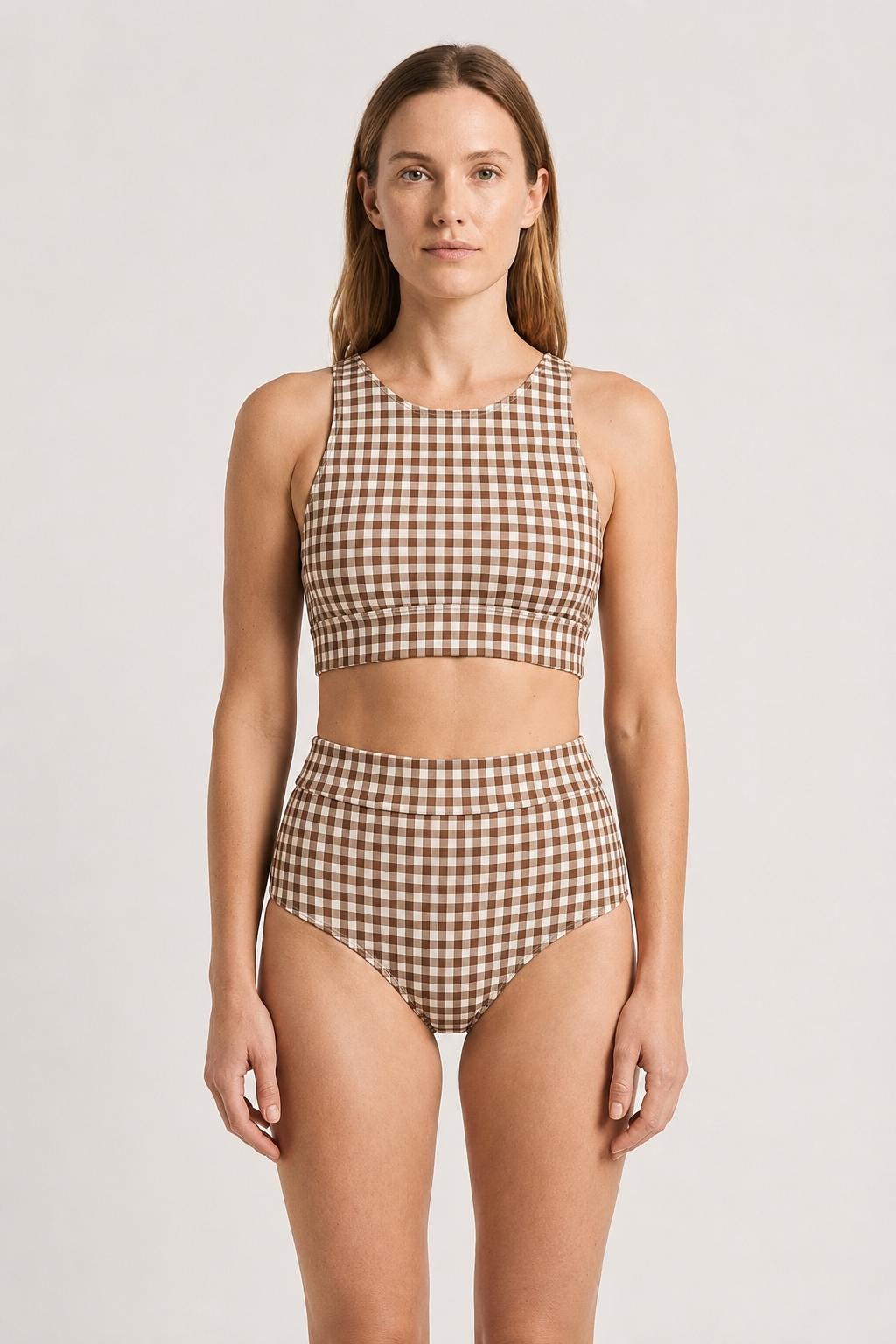 Racerback Bikini: High-Waisted Retro Two-Piece Swimsuit in Brown Gingham