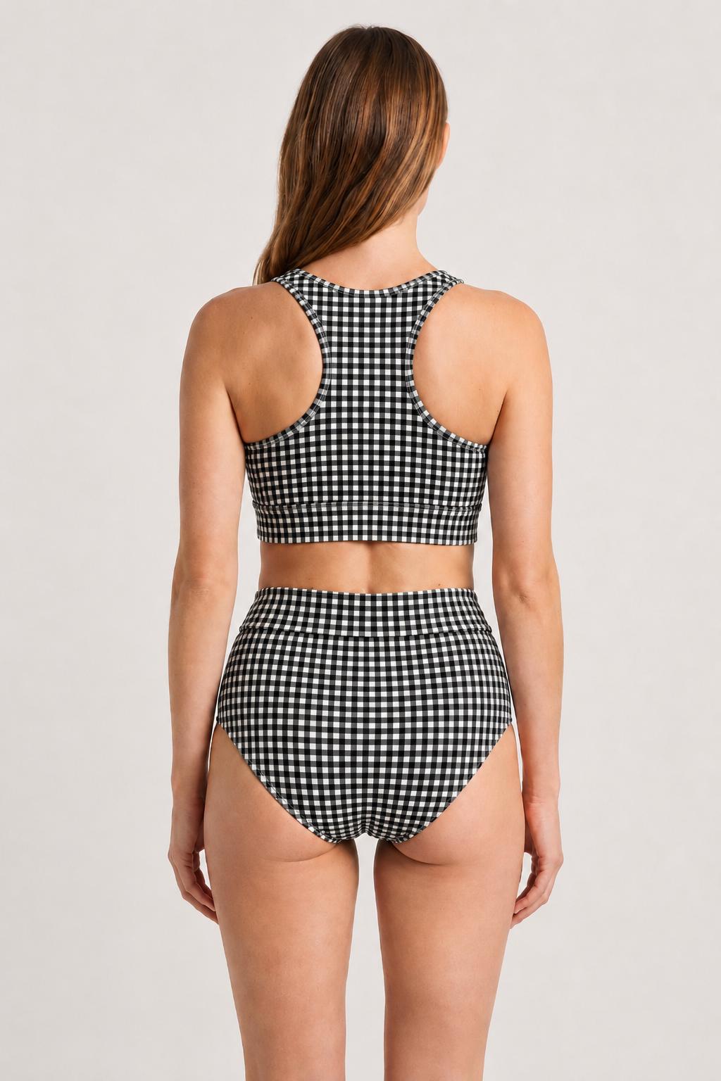 Racerback Bikini: High-Waisted Retro Two-Piece Swimsuit in Black Gingham