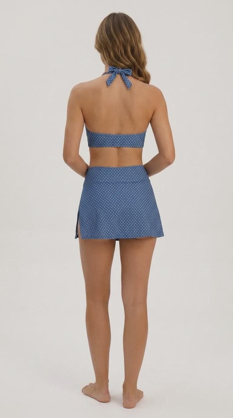 Blue Polka Dot Retro Halter Tankini Skort Swim Set with Integrated Bottoms