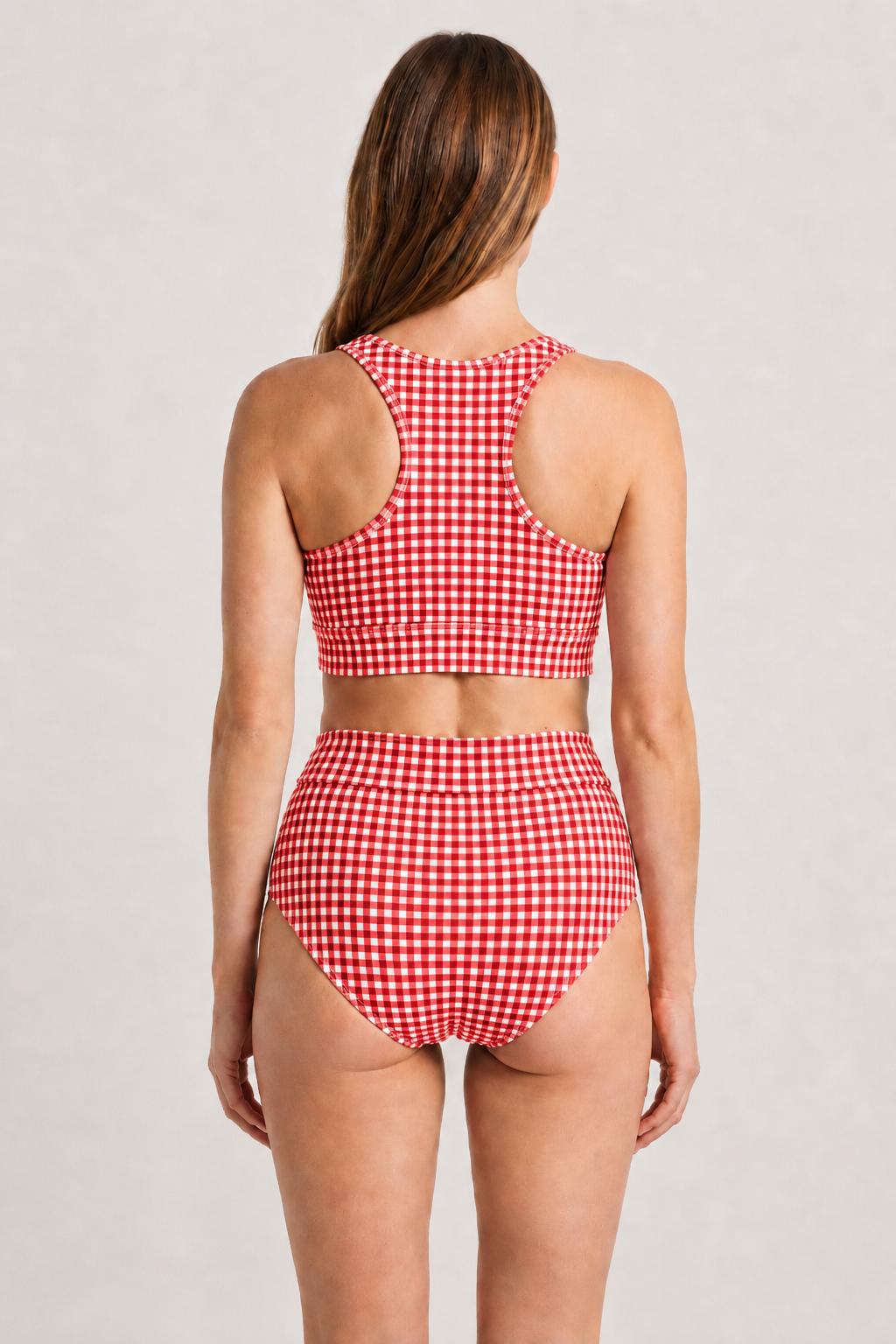 Racerback Bikini: High-Waisted Retro Two-Piece Swimsuit in Red Gingham