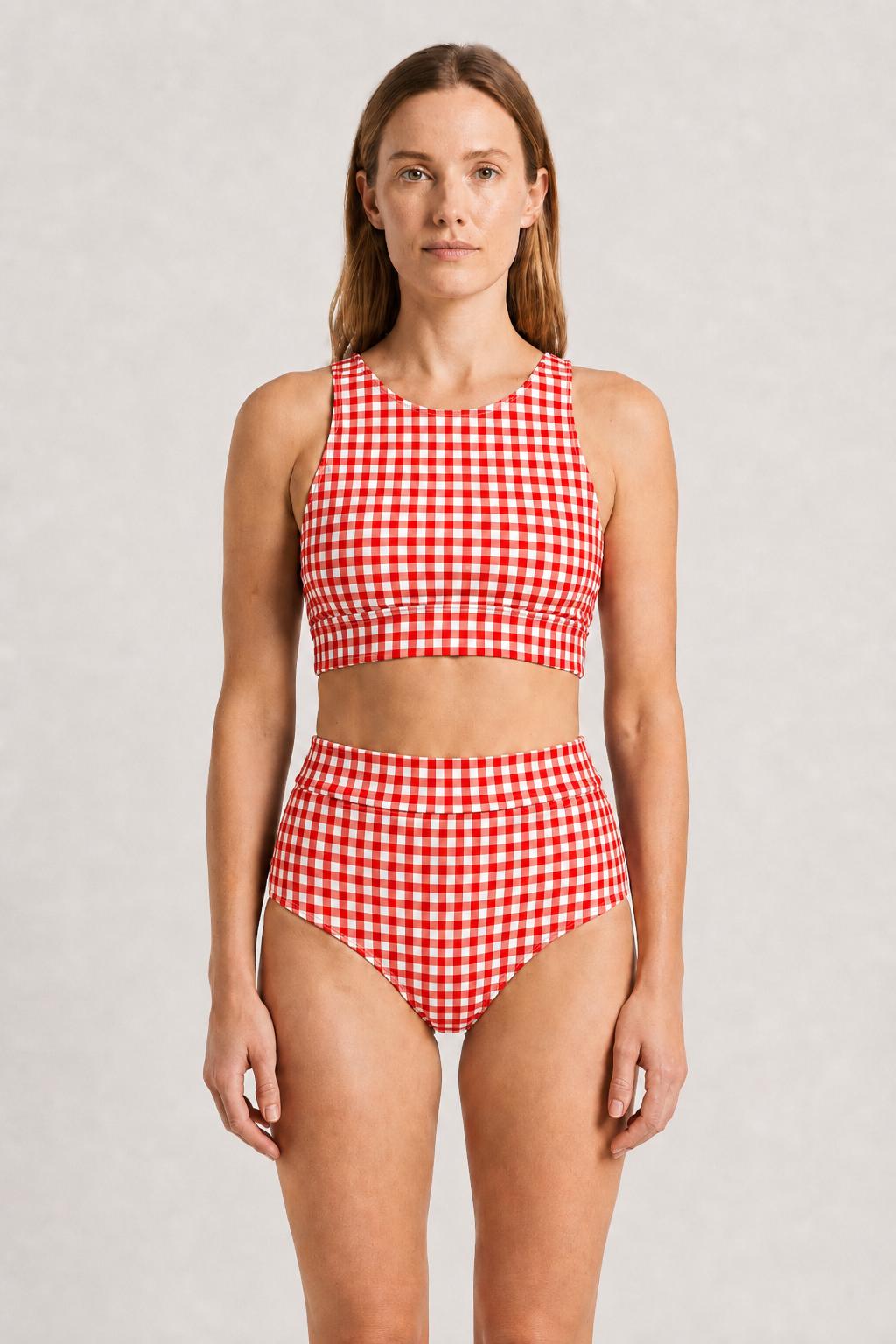 Racerback Bikini: High-Waisted Retro Two-Piece Swimsuit in Red Gingham