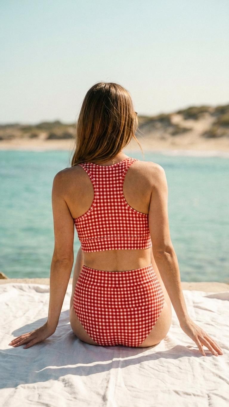 Racerback Bikini: High-Waisted Retro Two-Piece Swimsuit in Red Gingham