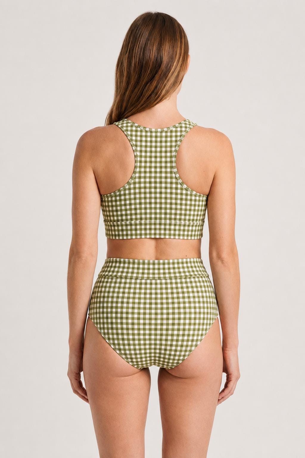 Racerback Bikini: High-Waisted Retro Two-Piece Swimsuit in Green Gingham