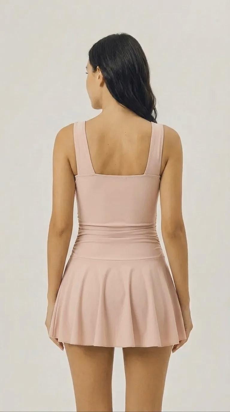 Retro Pleated Swim Dress with Matching Bottoms, Vintage-Inspired Modest Tankini, Blush